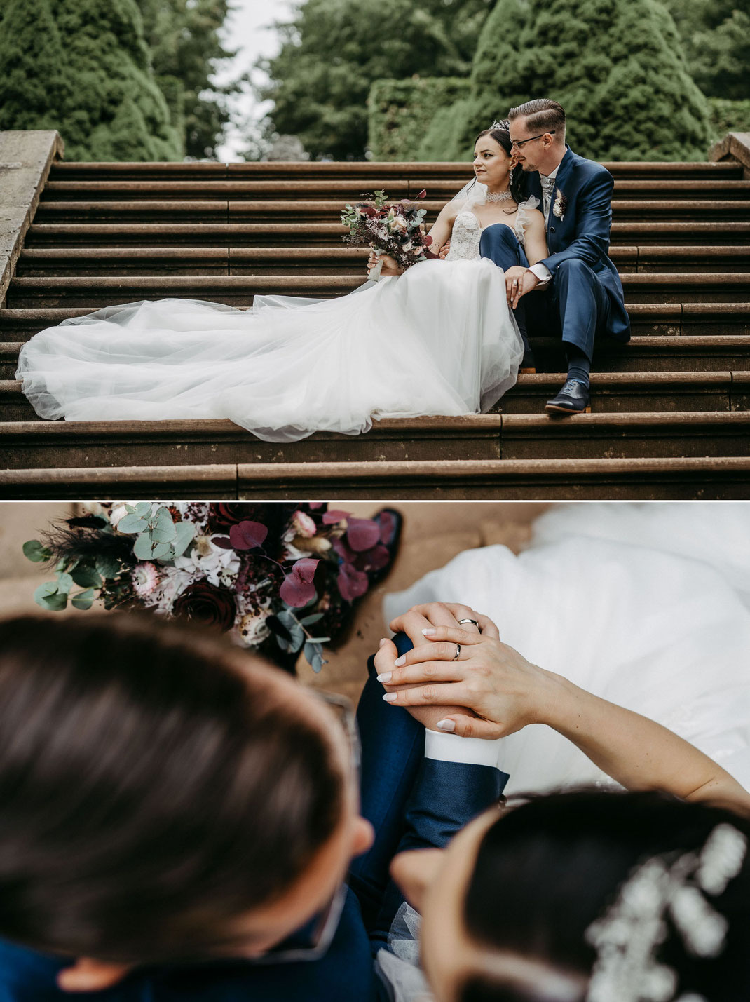 Hochzeitsfotograf Lichtenwalde: Romantisches Porträt von Julia und Toni an einer der Sichtachsen.