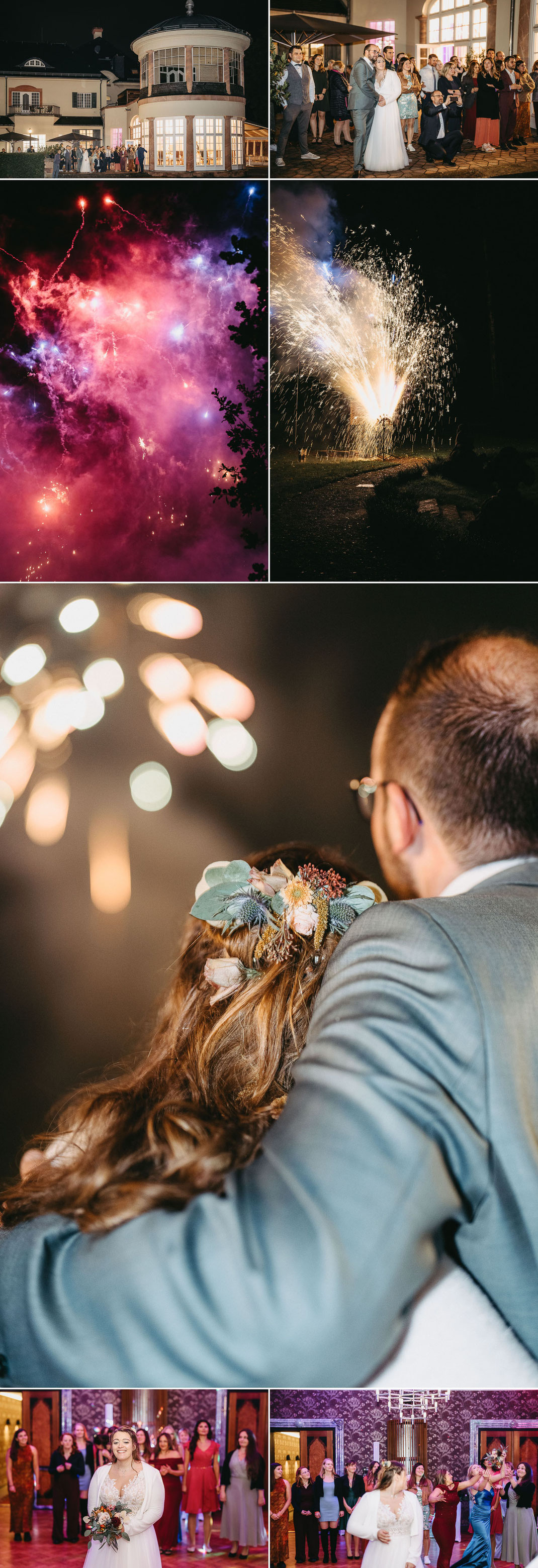 Abschlussfoto der Hochzeitsreportage: Spektakuläres Hochzeitsfeuerwerk über dem Schloss Wolfsbrunn im Erzgebirge.