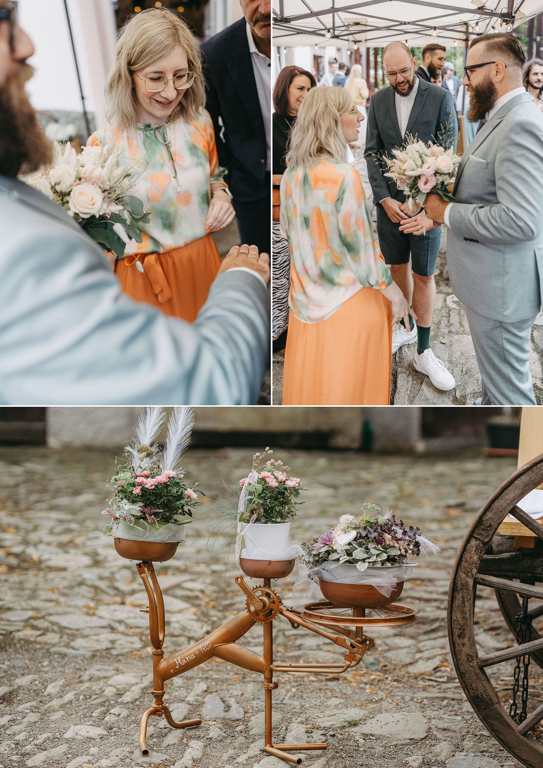 Detailaufnahme der verschränkten Hände des Brautpaares beim Sektanstoß im AmbrossGut Schönbrunn.
