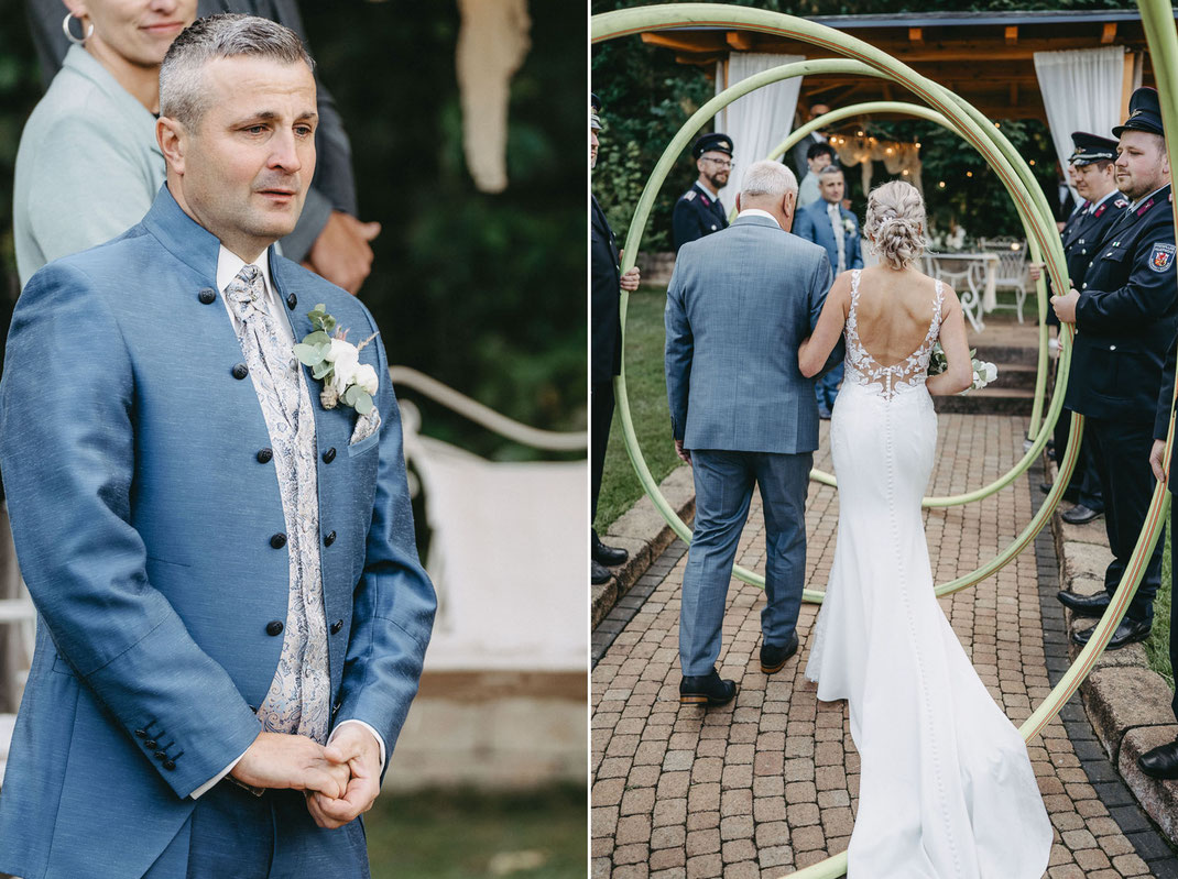 Hochzeit im Waldhof: Braut wird zum Pavillon der Trauung geführt im Waldhof Börnichen