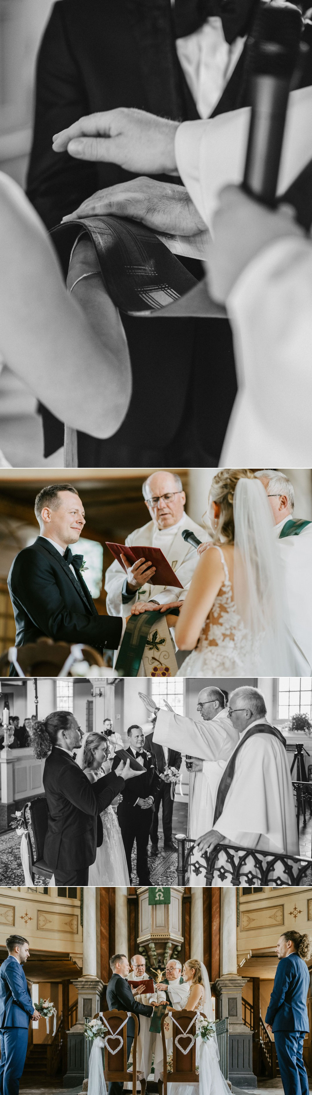 Ansicht von Hinten auf den Altar, das Brautpaar steht mit dem Pfarrer und den Trauzeugen zu JA-Wort auf.