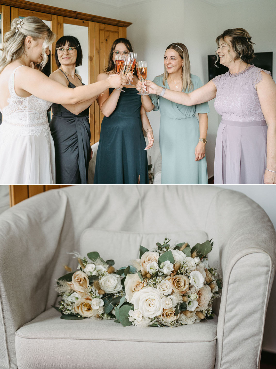 Perfekter Look: Nahaufnahme, wie Michelle ihre Hochzeitsschuhe anzieht und den Schmuck für die Trauung anlegt.
