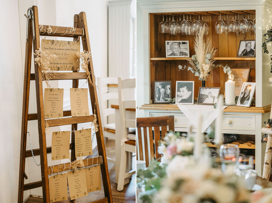 Florale Akzente: Filigrane Glasvasen mit Eukalyptus und weißen Rosen schmücken die Hochzeitstische im Waldhof Börnichen.
