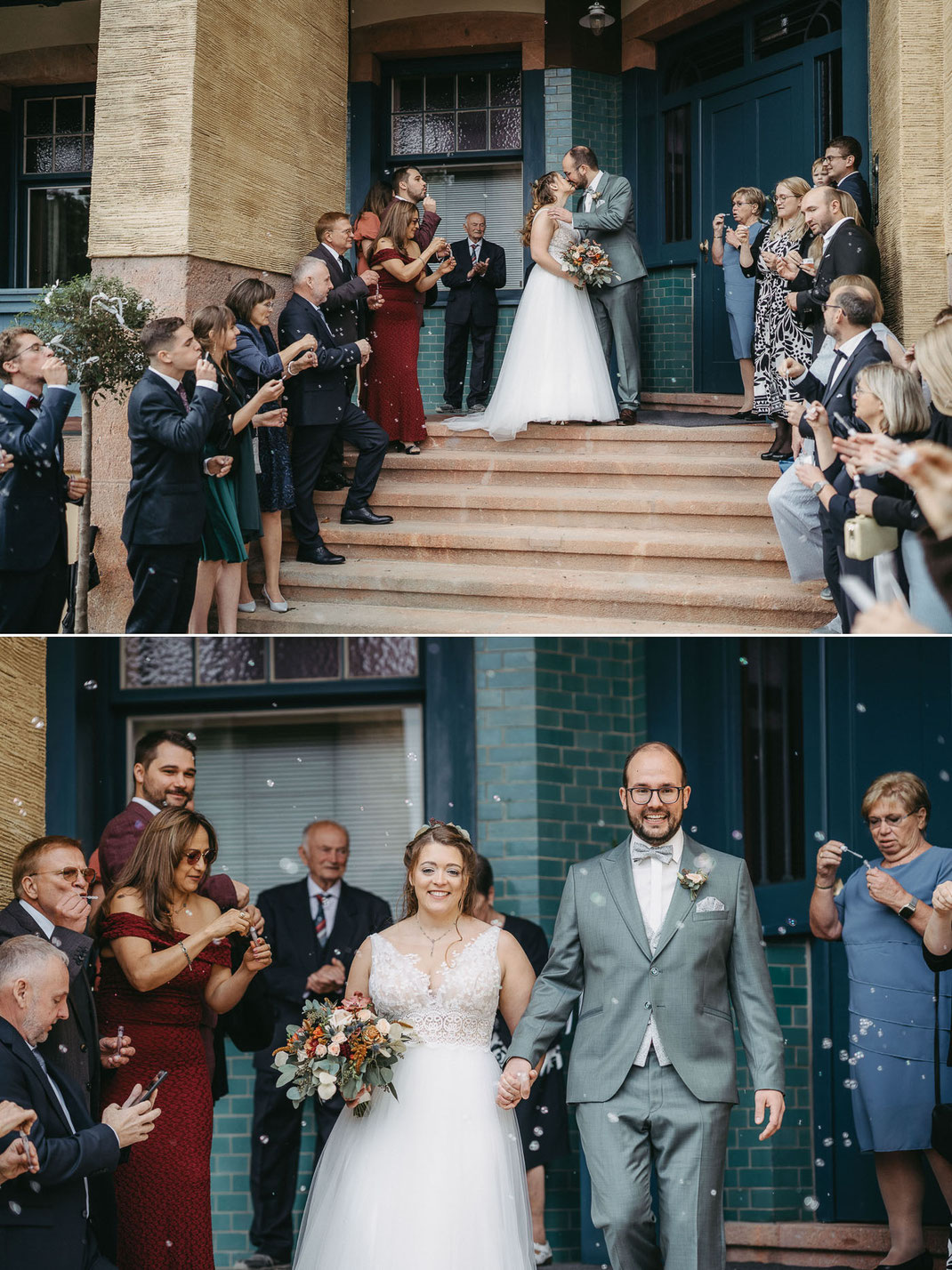 Hochzeitsfotograf fängt den ersten gemeinsamen Gang als Ehepaar vor der Villa Esche ein.