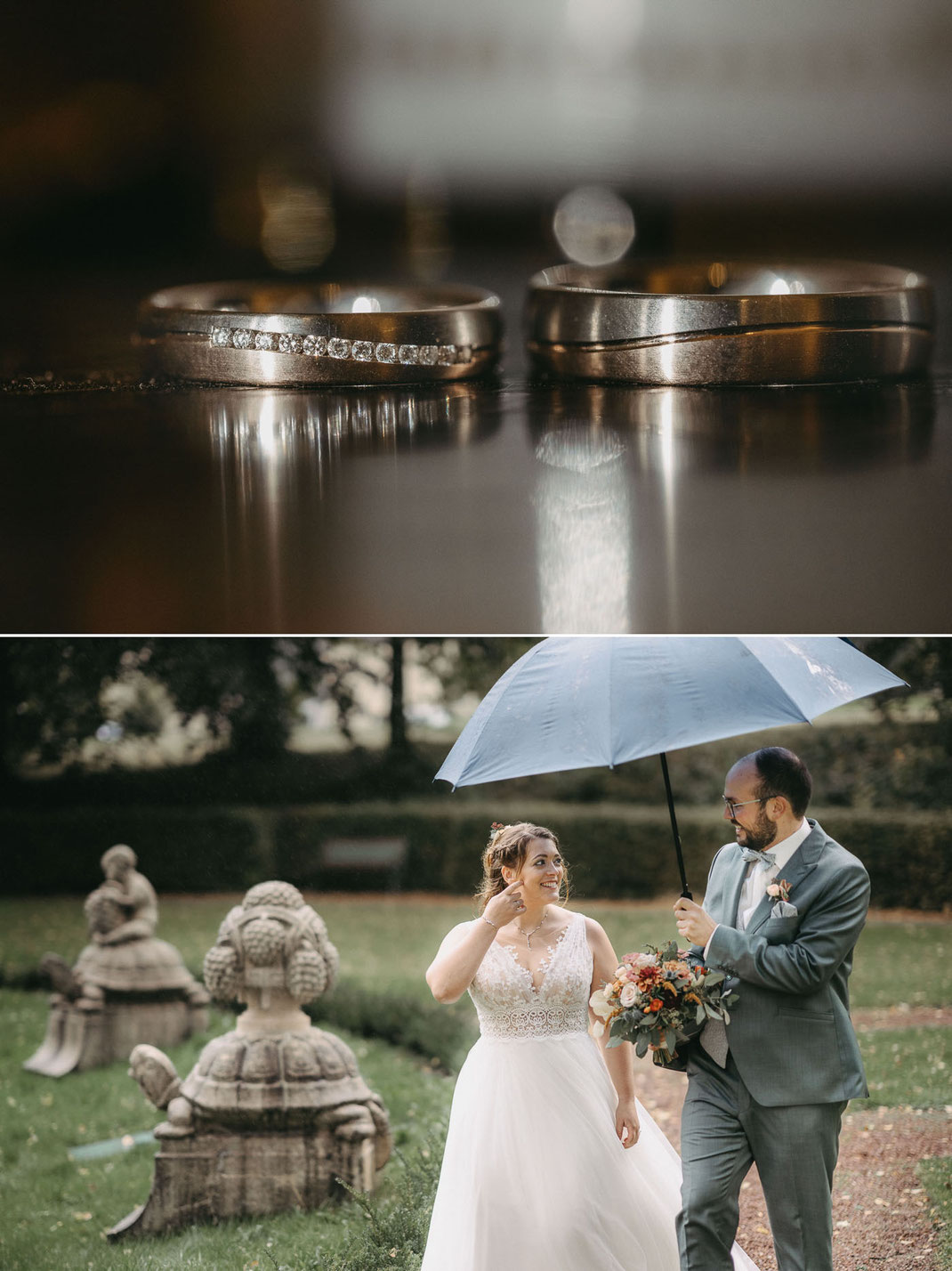 Authentische Paarfotos im Erzgebirge: Regenshooting am Schloss Wolfsbrunn.