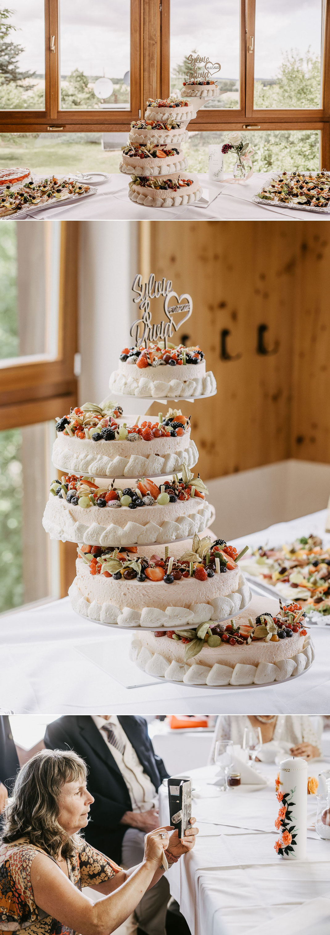 Detailaufnahme Torte: Mehrstöckige Hochzeitstorte mit sommerlicher Dekoration in der Location Hotel Neue Höhe in Klingenberg.