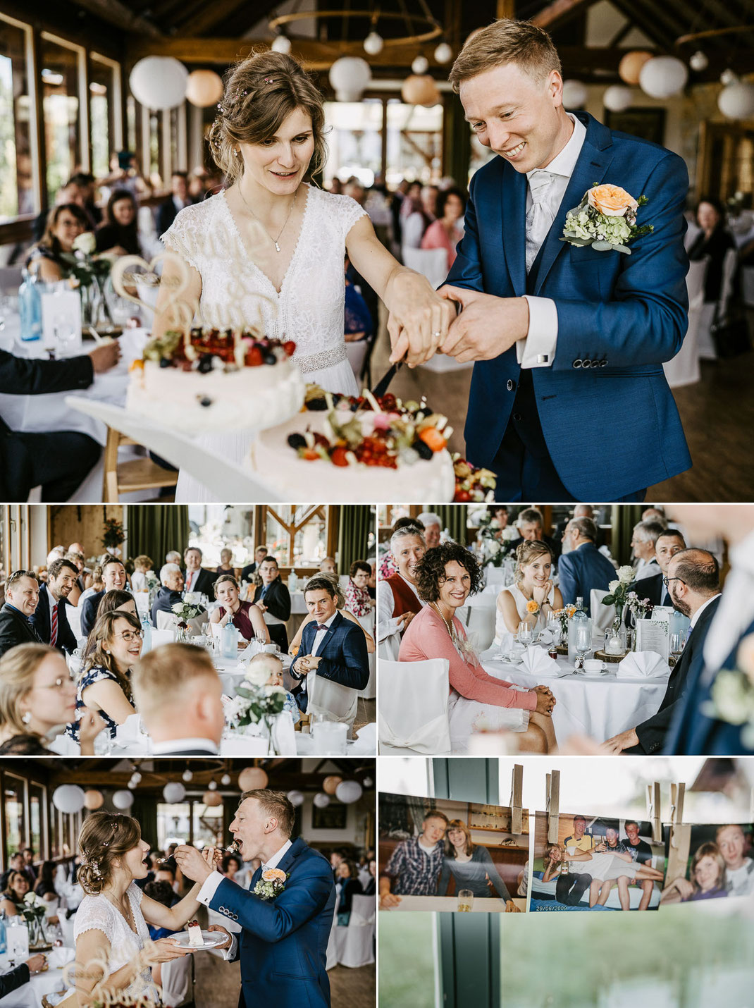 Der erste Anschnitt: Brautpaar schneidet gemeinsam die Hochzeitstorte im Hotel Neue Höhe an – Hochzeitsfotograf Dresden.