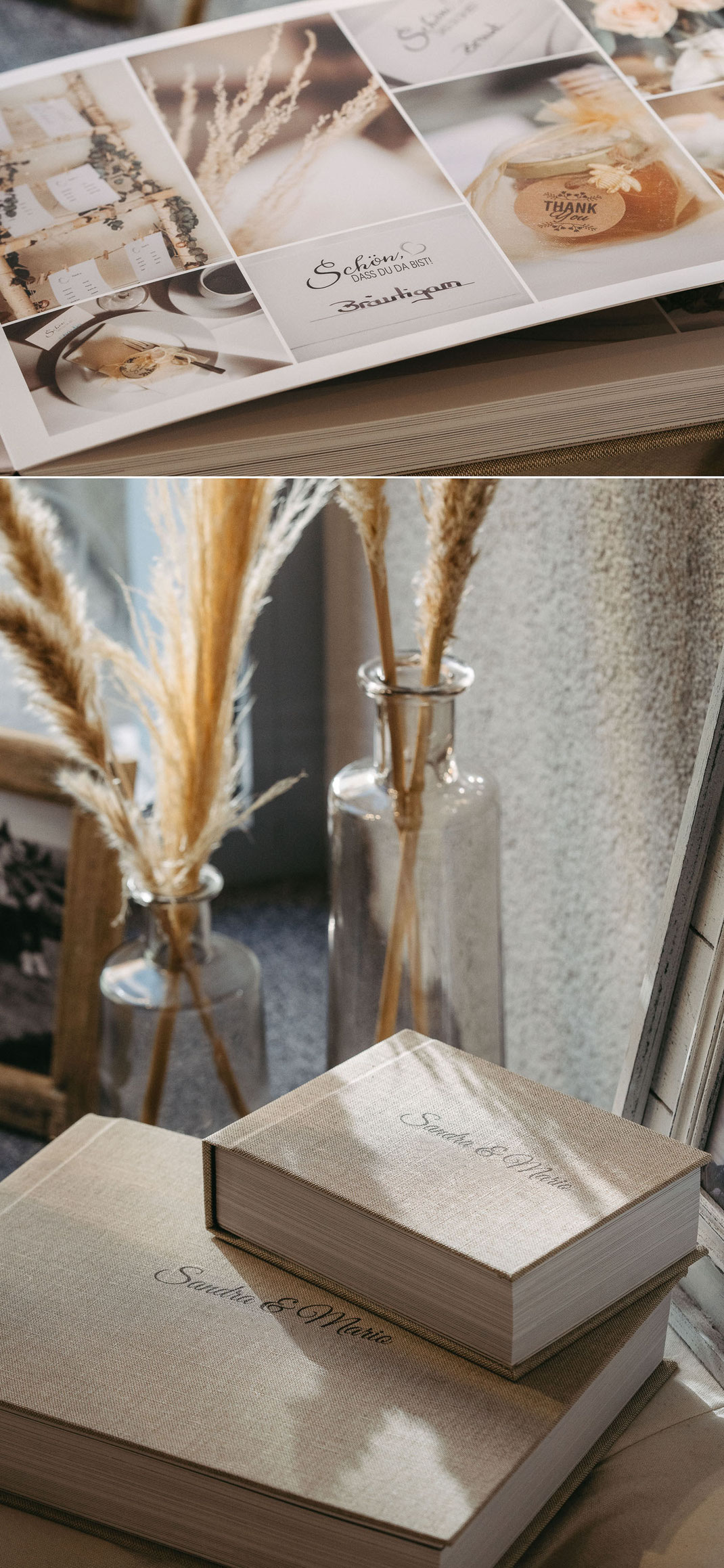 Geöffnetes Fotobuch zeigt eine Collage der Tischedekoration und den Details am Hochzeitstag im Waldhof Erzgebirge.