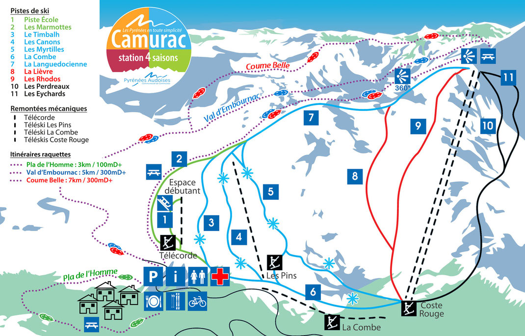 Camurac, station 4 saisons - Plan des pistes de ski et de raquettes