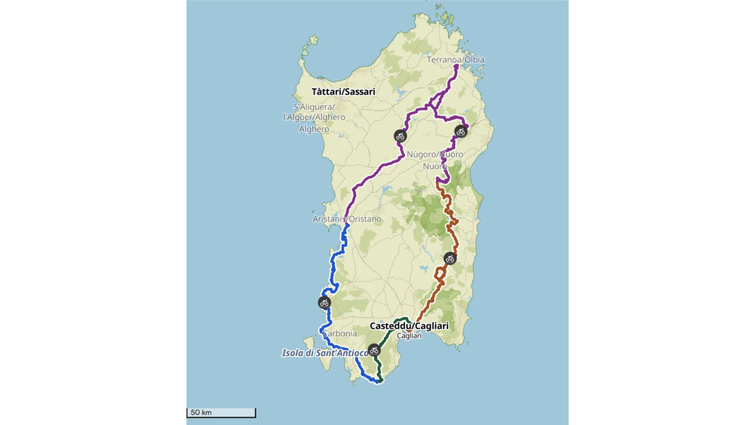 Übersichtskarte der Gesamtstrecke mit Start und Ziel in der Hafenstadt Olbia. Die gesamte Route umfasst rund 1000 km und knapp 20.000 hm.