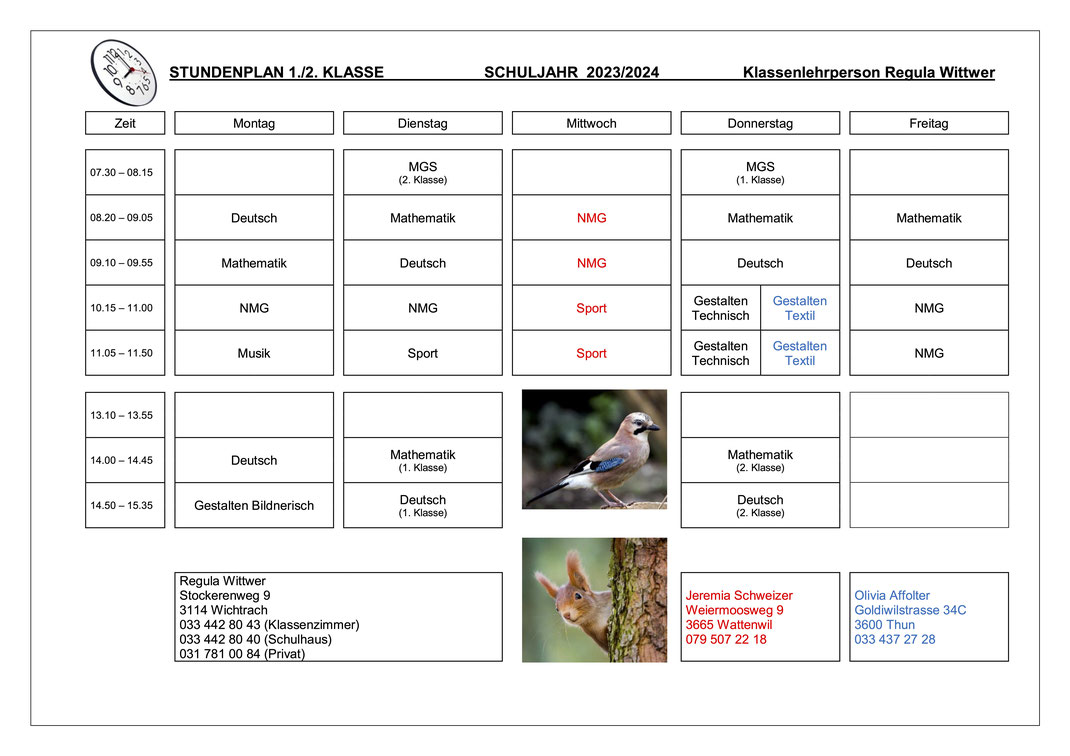 Stundenplan Klasse 1./2. Goldiwil