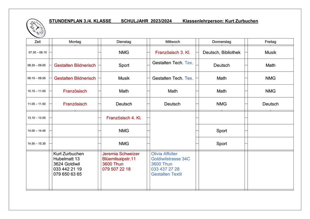 Stundenplan Klasse 3./4. Goldiwil