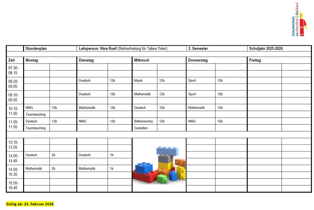 Stundenplan Klasse 1./2.B Schule Lerchenfeld