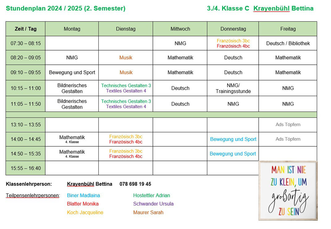 Stundenplan Klasse 3./4.C Schule Lerchenfeld