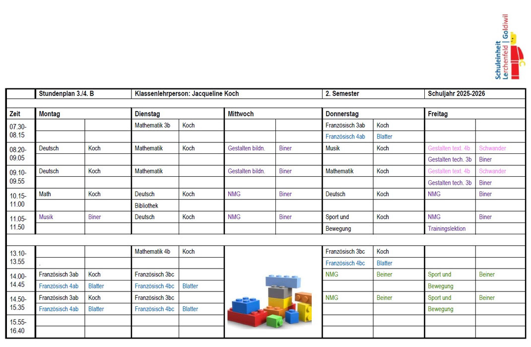 Stundenplan Klasse 3./4.B Schule Lerchenfeld