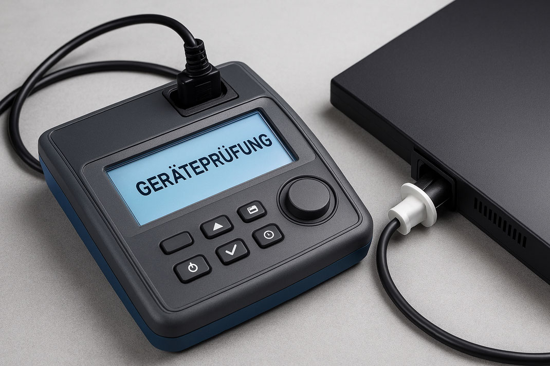 Messgerät zur Prüfung elektrischer Geräte, angeschlossen an ein Elektrogerät