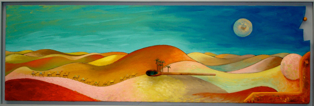 afrique, paysage, dune, sable, désert, chameau, femme, peinture, art, Lesenfans, ciel, lune