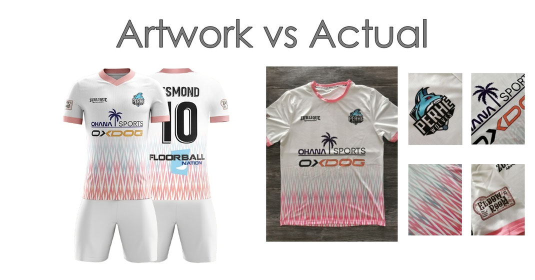 Artwork mockup compared to finished sublimation football jersey showing colour and logo accuracy
