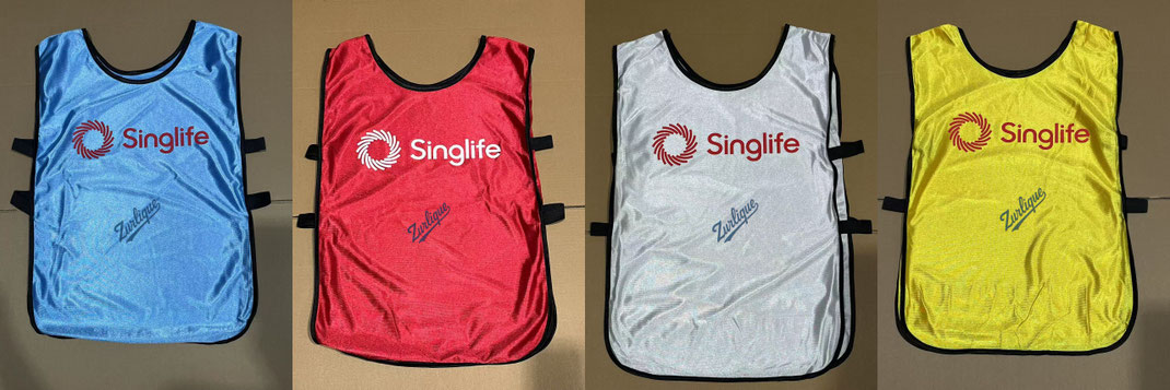singlife corporate training bibs singapore blue red white yellow logo print zurlique