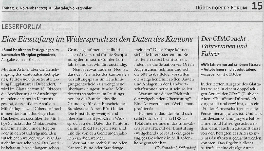 Glattaler/Volketswiler vom 3. November 2023, Leserbrief Cla Semadeni: "Eine Einstufung im Widerspruch zu den daten des Kantons"