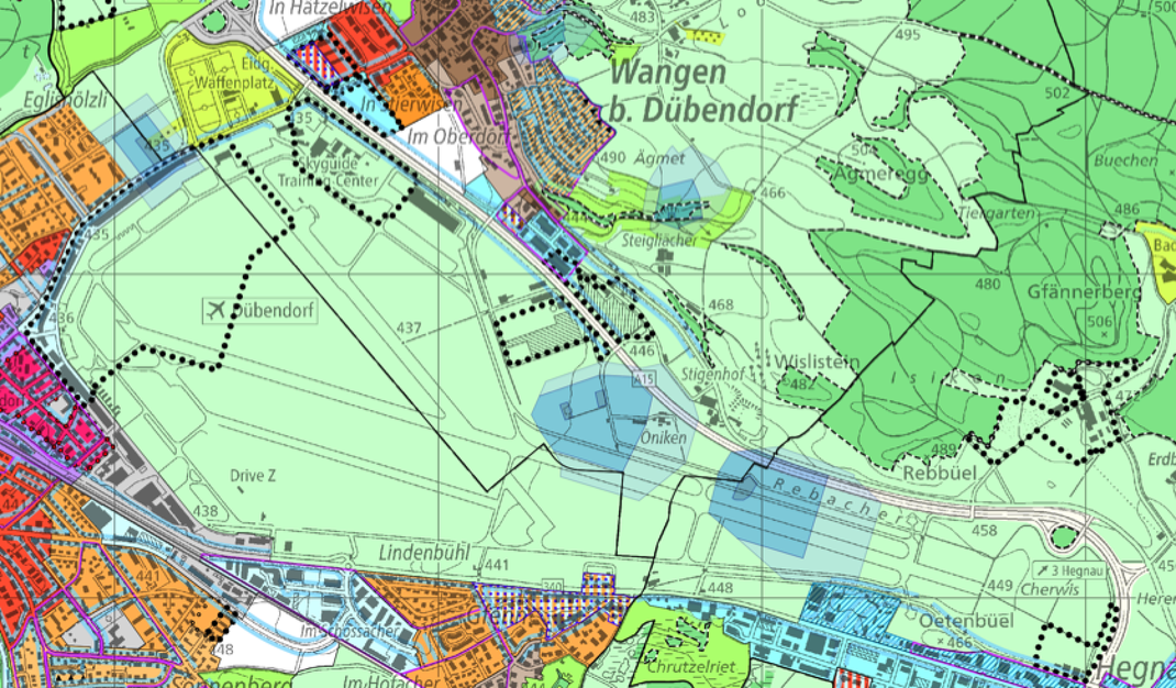 Zonenplan Standortgemeinden mit Landwirtschaftszone Areal Militärflugplatz Dübendorf, Quelle GIS-ZH (Screenshot 14.10.2024 CS)