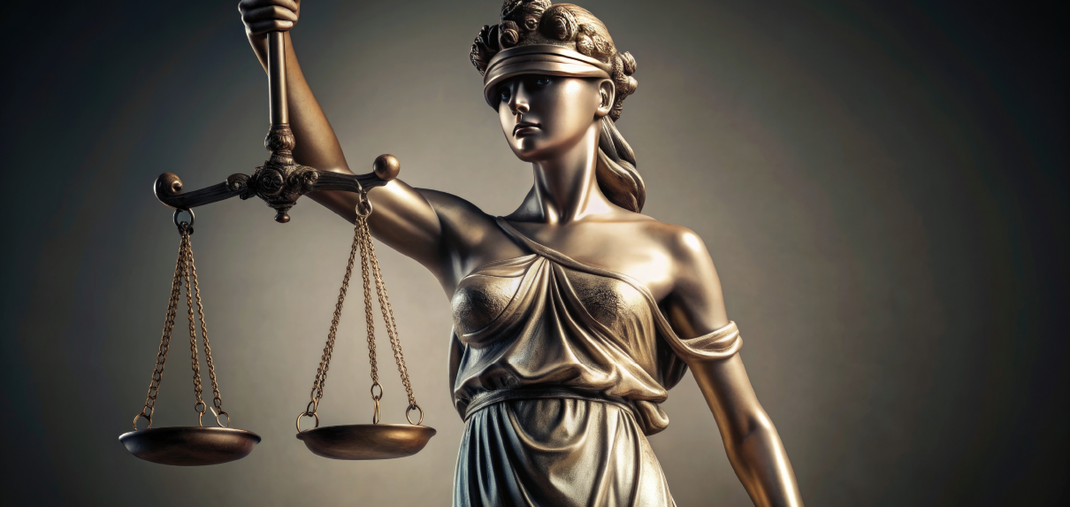 bronze figur "justizia" mit hochgeschobener augenbinde