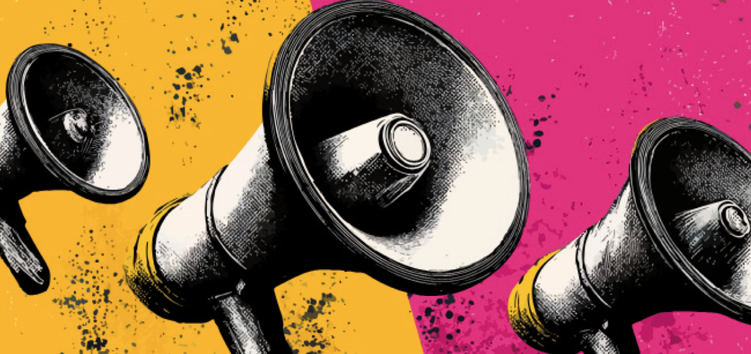 illustration drei s/w megaphone vor gelb/magenta hintergrund