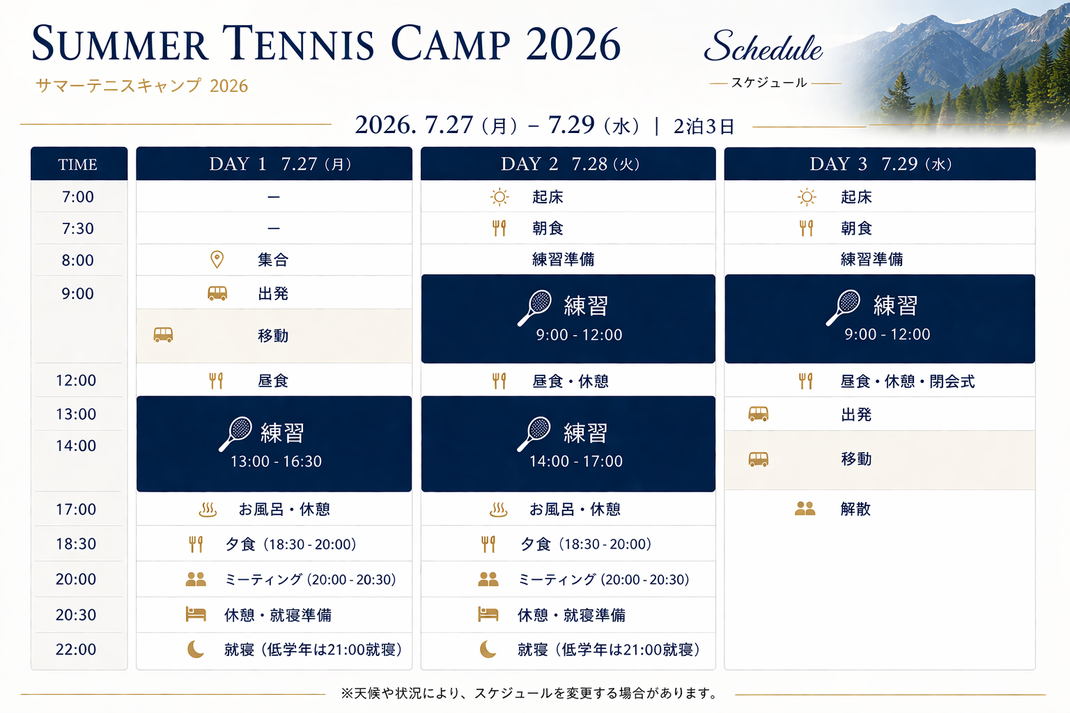 夏休み　テニス　小学生　テニス合宿　テニスキャンプ　中学生　ジュニアテニス