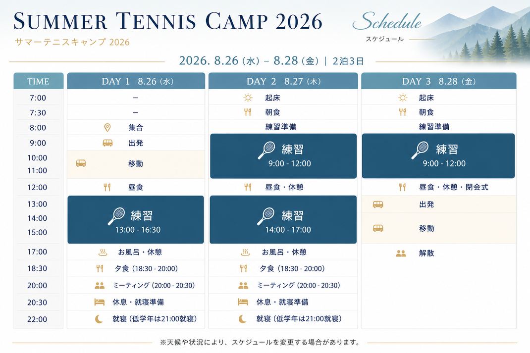 夏休み　テニス　小学生　テニス合宿　テニスキャンプ　中学生　ジュニアテニス