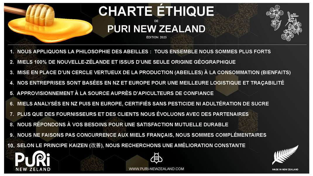 Charte Ethique de Puri New Zealand, des Miels de Nouvelle-Zélande sans pesticide ni adultération de sucre avec plusieurs analyses scientifiques et contrôle de la tracabilité