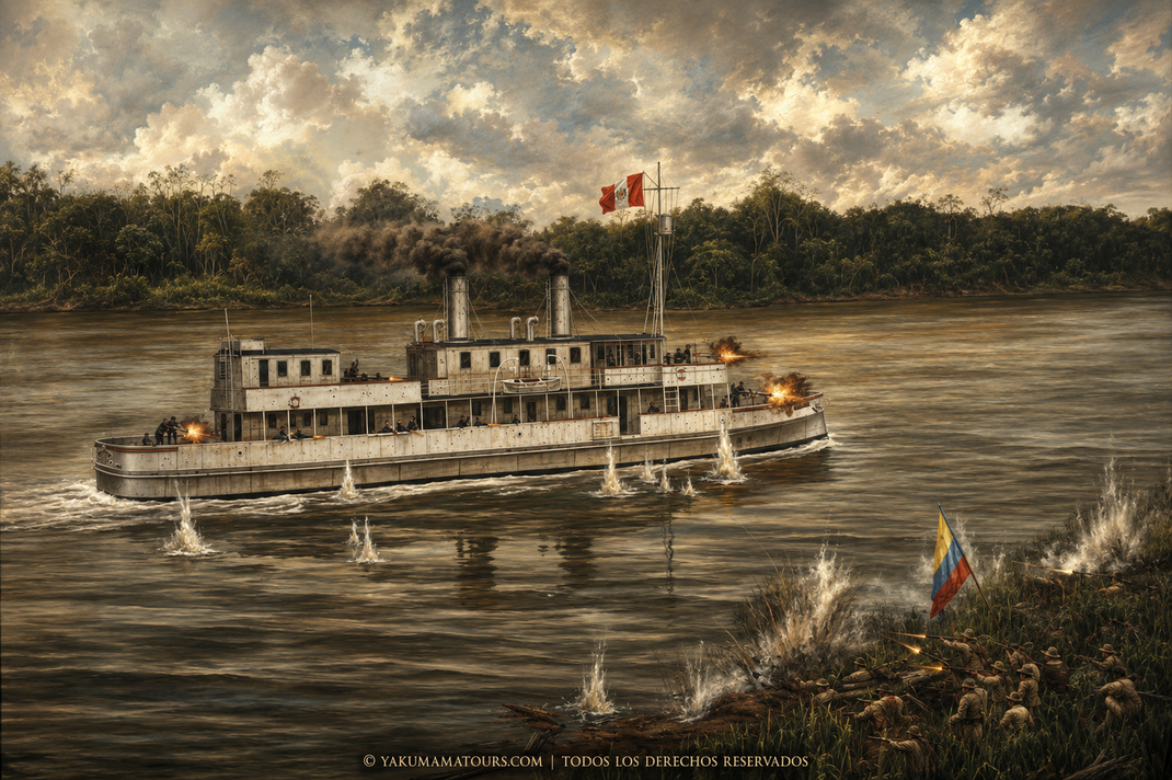 Representación histórica de la cañonera América bajo fuego durante el Combate de La Pedrera de 1911 entre Perú y Colombia, en la Amazonía