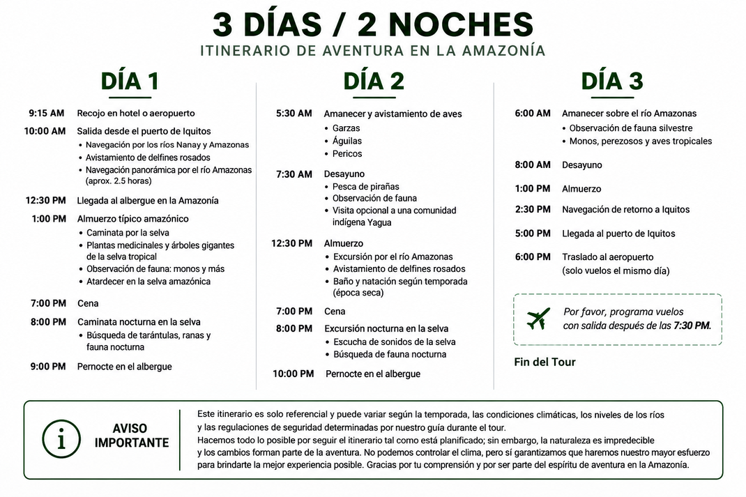 Itinerario del tour de 3 días y 2 noches por la Amazonía desde Iquitos, con navegación por los ríos Nanay y Amazonas, avistamiento de delfines rosados, caminatas por la selva, pesca de pirañas y observación de fauna.