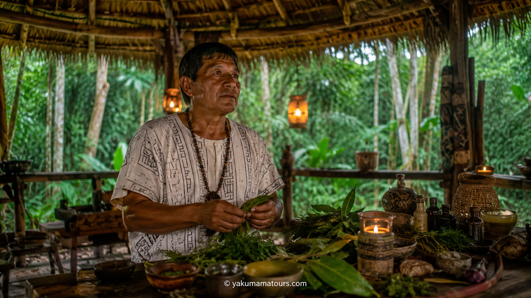 Realistic image of an Amazonian shaman presenting medicinal plants and traditional healing knowledge inside a jungle lodge near Iquitos, Peru