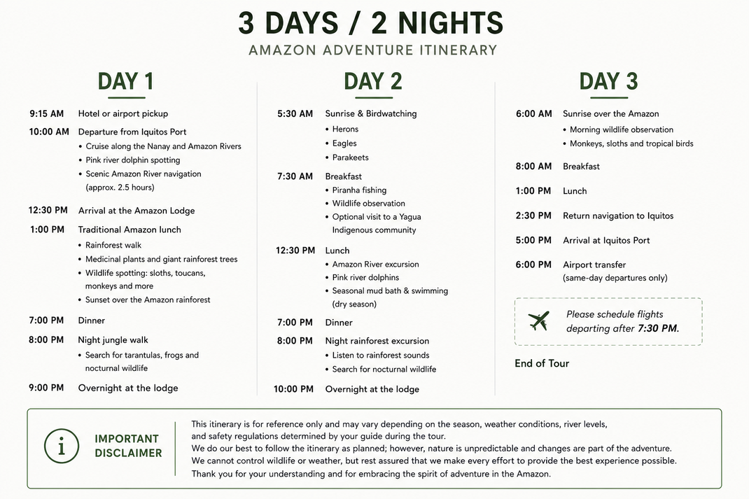 Sample itinerary of a 3-day, 2-night Amazon rainforest tour from Iquitos, Peru, showing daily schedule, Amazon River navigation, jungle walks, wildlife observation, indigenous community visit, meals and lodge accommodation.