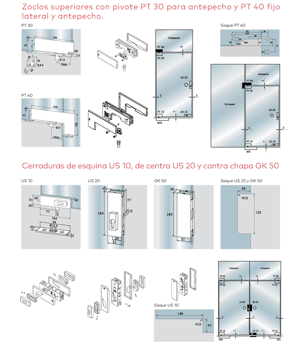 Herrajes UL-PT para puertas de cristal templado