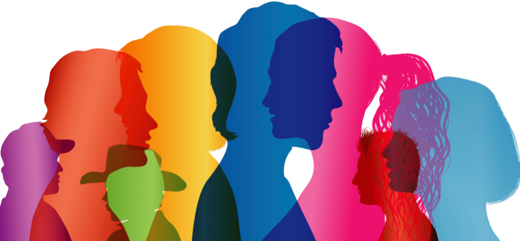 Das Bild zeigt eine leuchtend bunte Illustration von Männer- und Frauenköpfen im Profil, die ineinander verschmelzen. Zwei Personen tragen Kopfbedeckungen. Eine Frau hat einen auffallenden Pferdeschwanz.