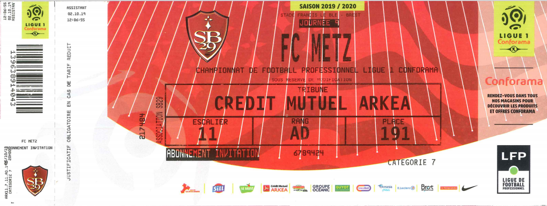 05 octobre 2019: Stade Brestois - FC Metz - 9ème journée - Championnat de France (2/0)