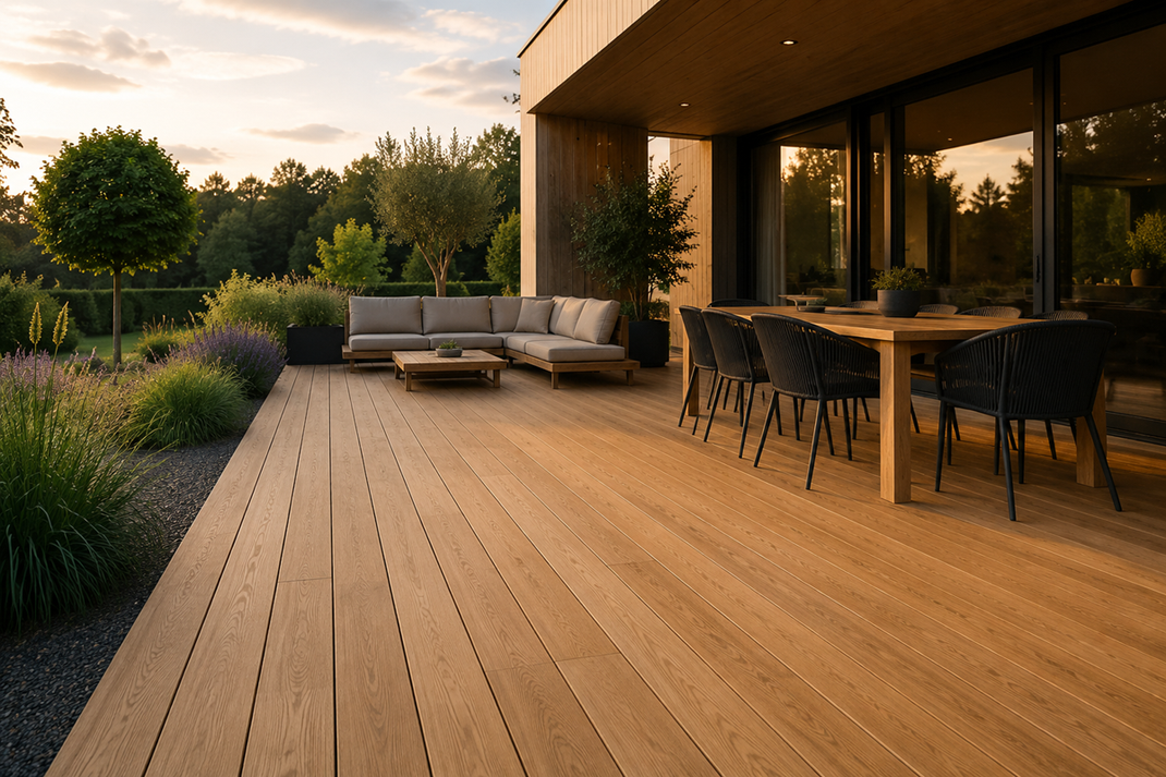Verlegte Eiche Terrassendielen mit natürlicher Maserung und Holzstruktur