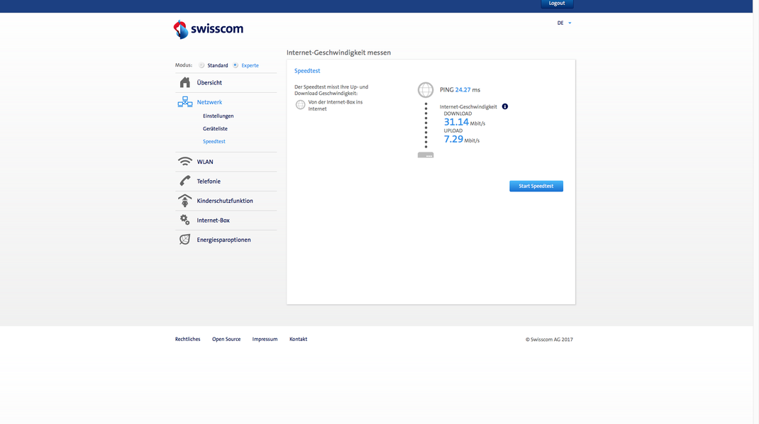 Speed Test ohne Internet Booster | Während Haupt-Nutzungszeit (zwischen 18:00 und 20:00) Genutztes Abo: InternetSpeed: 100 MBITS Download und 20 Upload | Der Test wurde mit dem Swisscom Router Speed-Test durchgeführt