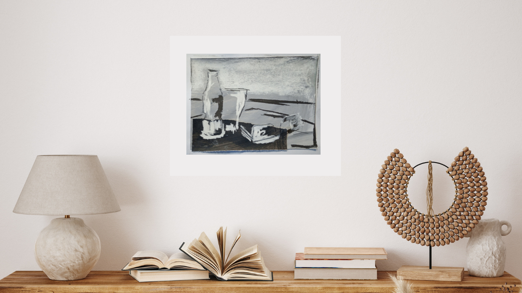 Zeichnung mit Stilleben über einem sideboard