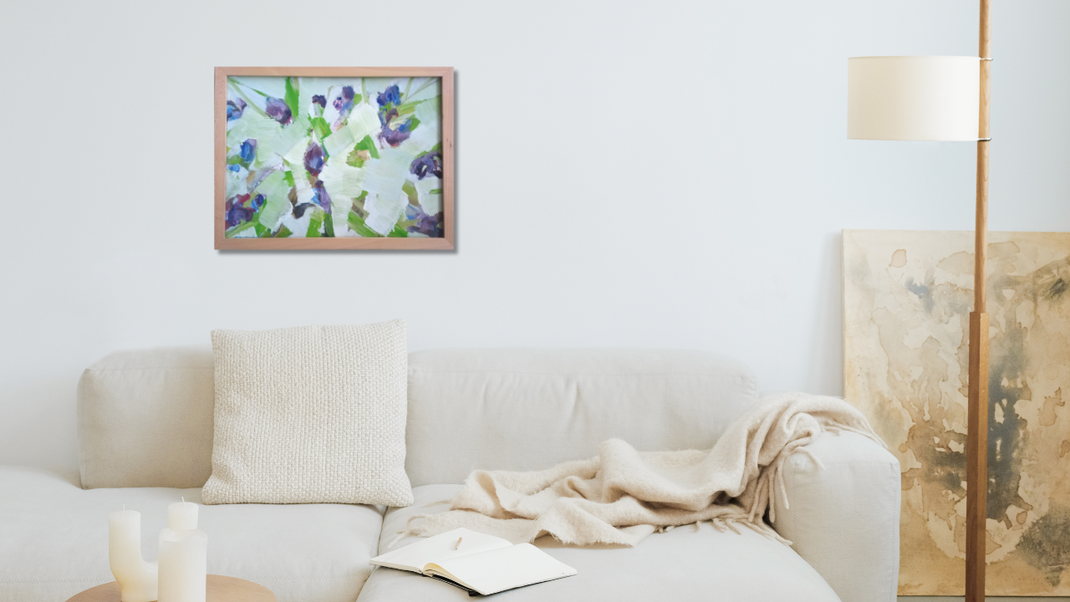 Ölbild, abstrakt, mit Tulpen, in hellem Raum