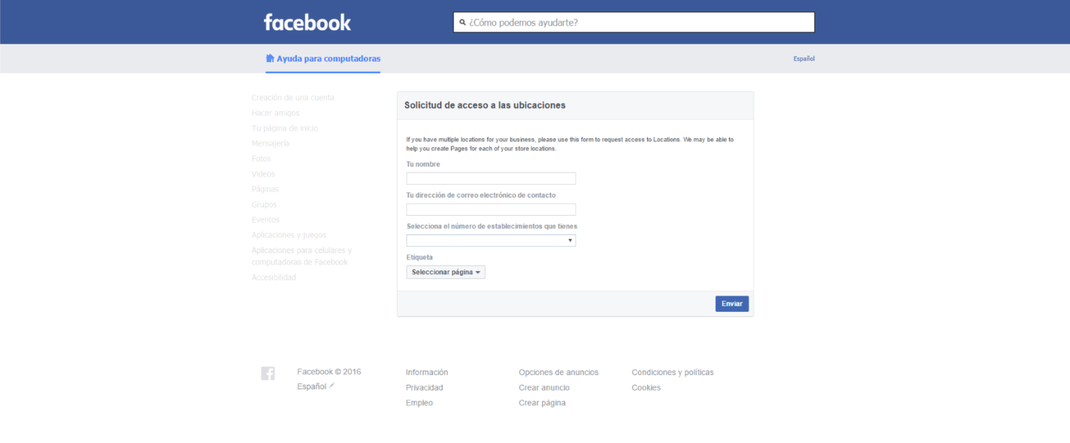 solicitud de acceso a las ubicaciones de paginas de facebook