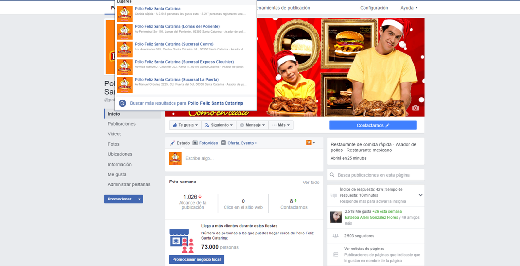 Vista previa de pagina de facebook con sucursales