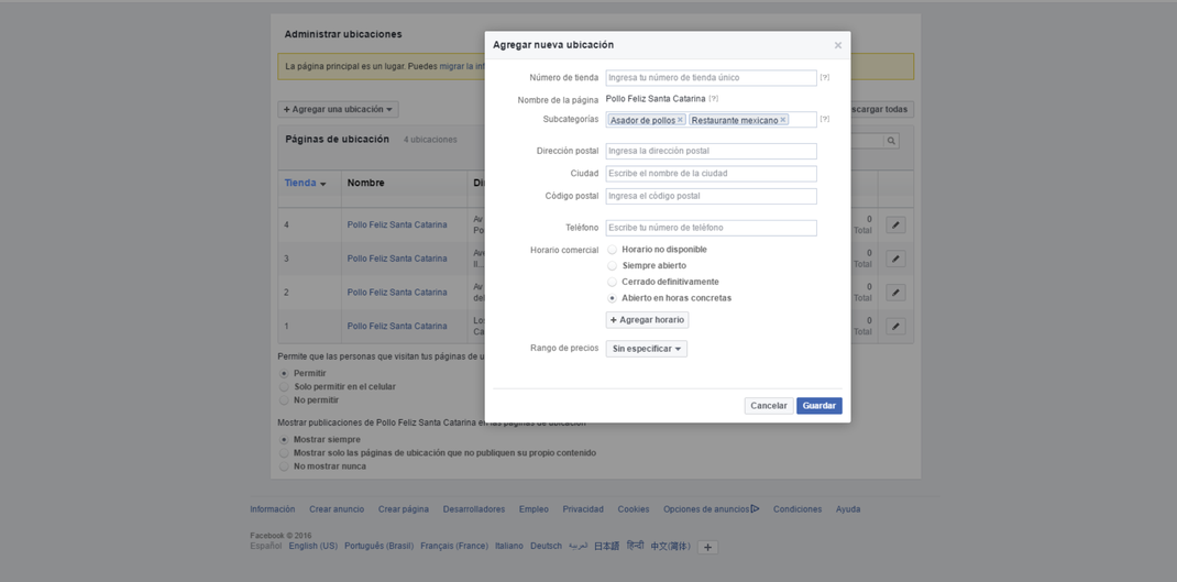 administrar ubicaciones fanpage facebook