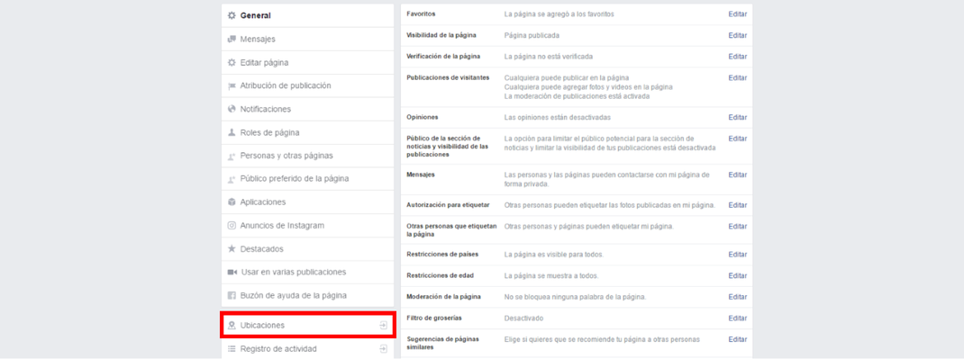panel de configuración fanpage de facebook