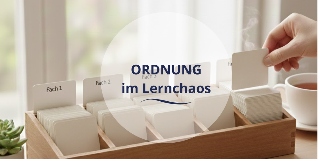 Das Bild zeigt das Karteikasten-Sytem mit fünf Fächern nach Leitner