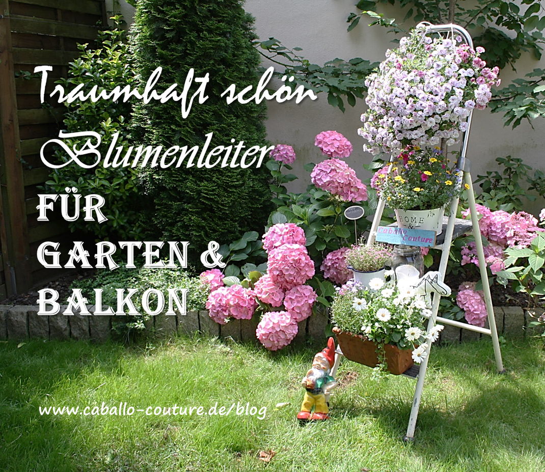 Caballo Couture; Upcycling Leiter; Trittleiter; Blumenleiter; Blumenampel; Gartendeko; Idee Balkon; Balkonblumen; Gartendekoration; Gartenzwerg; Kleiner Balkon; Terrasse Blumen; Garten; Sichtschutz Garten; Sichtschutz Balkon