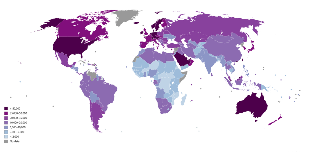 (GDP ) Gross Domestic Product ( PPP ) Per Capita / North America and ( USA ) Strongly Colored & Marked  / Great Watch / So this Portrayal is from 2018 / World Watch ( KSA ) Kingdom of Saudi Arabia Most Hugh Worth