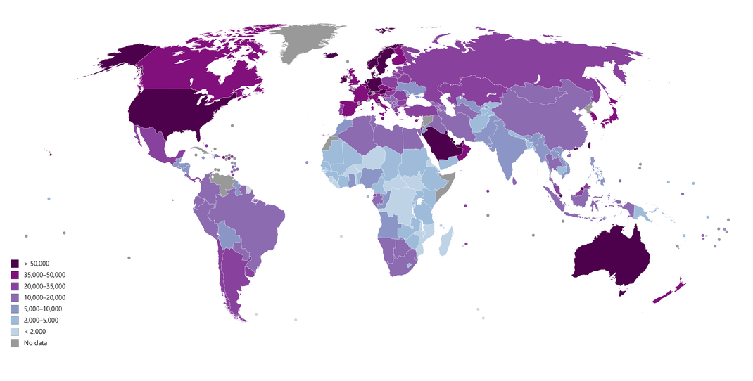 (GDP ) Gross Domestic Product ( PPP ) Per Capita / North America and ( USA ) Strongly Colored & Marked  / Great Watch / So this Portrayal is from 2018 / World Watch ( Globally )