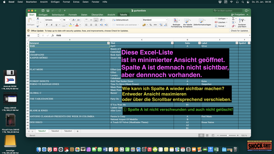 Desktop-Bildschirm, auf dem eine Excel-Tabelle in minimierter Ansicht geöffnet ist.